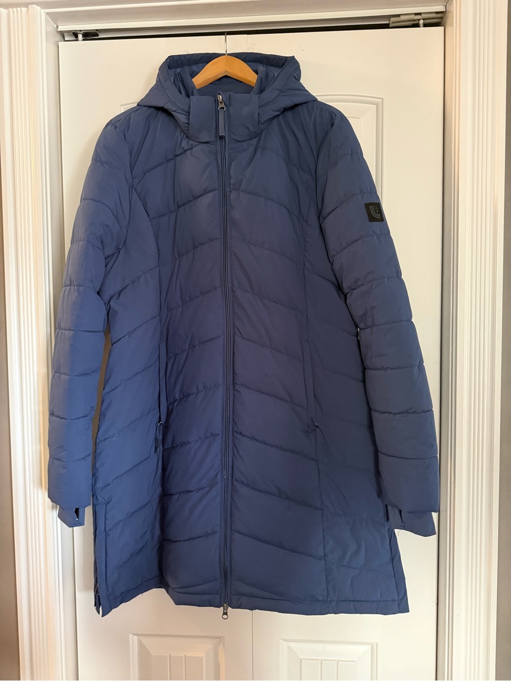 Lole Women's Long Hooded Puffer Coat in Slate Blue